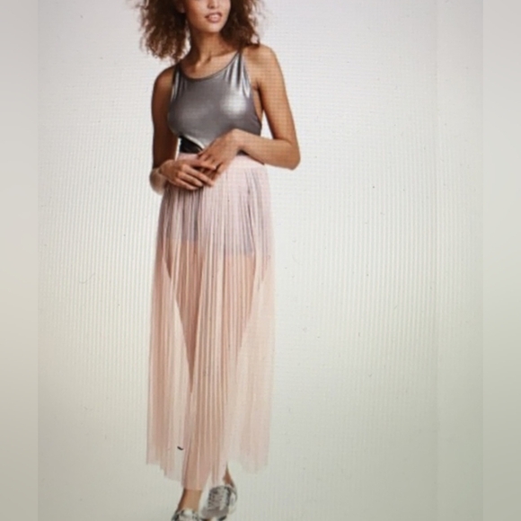 H&M Limited Edition SHEER Mesh Pleated Long Pastel Pink Festival Skirt Size 4 - Picture 1 of 15